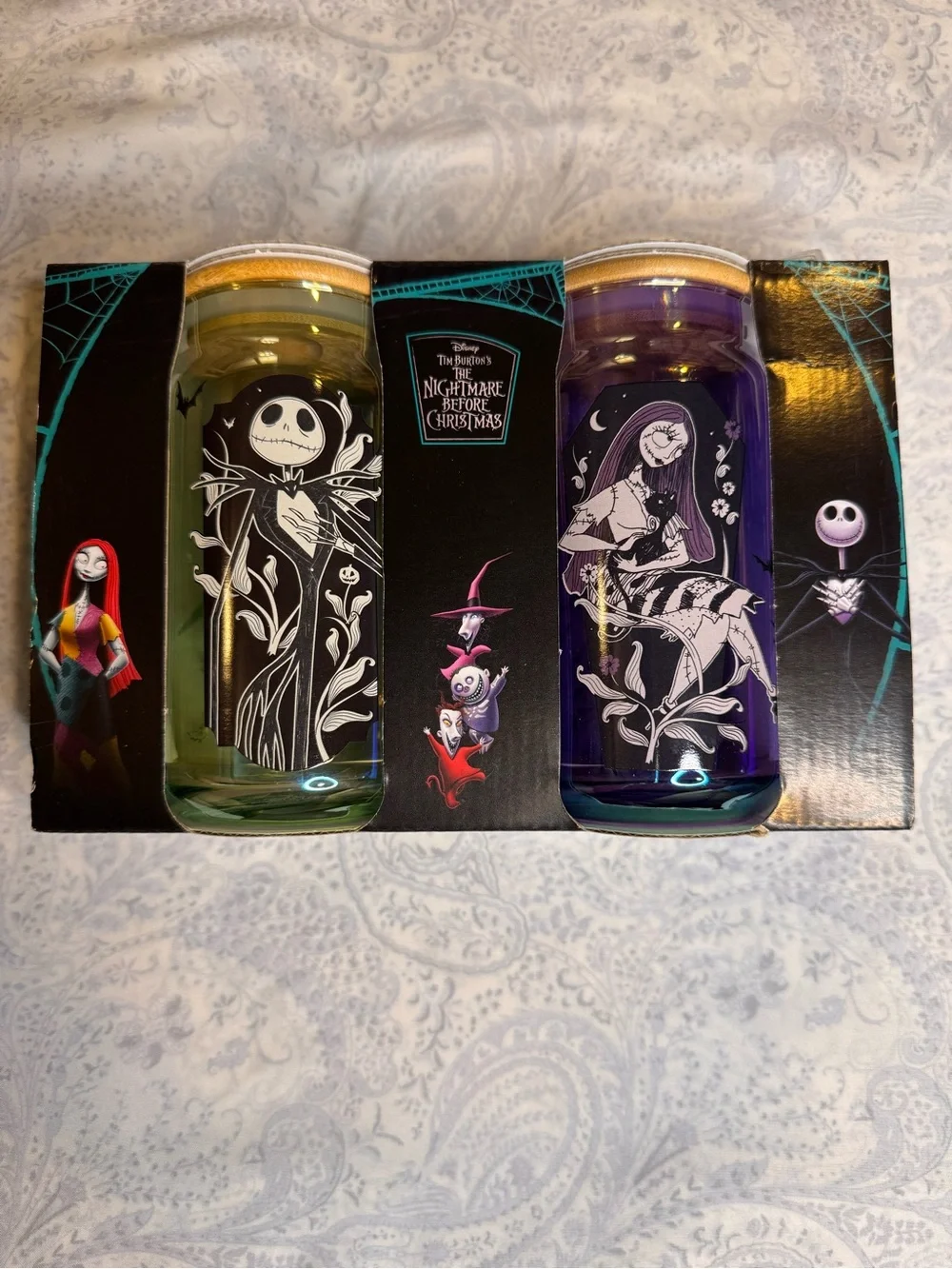 The Nightmare Before Christmas Jack & Sally Glasses, Glass Straws, Bamboo Lid